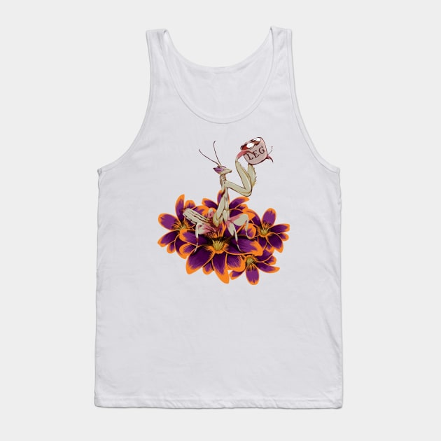 Original White and purple Praying Mantis on orange and Purple Tulips sipping on some Tea. Tank Top by LegCup